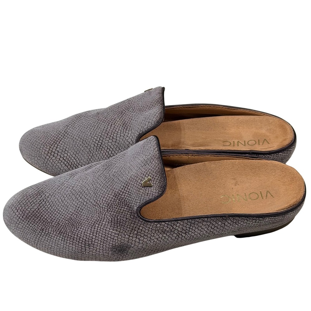 Vionic Carnegie‎ Holiday Mules Grey Textured Snakeskin Print Slip On Flats 7.5